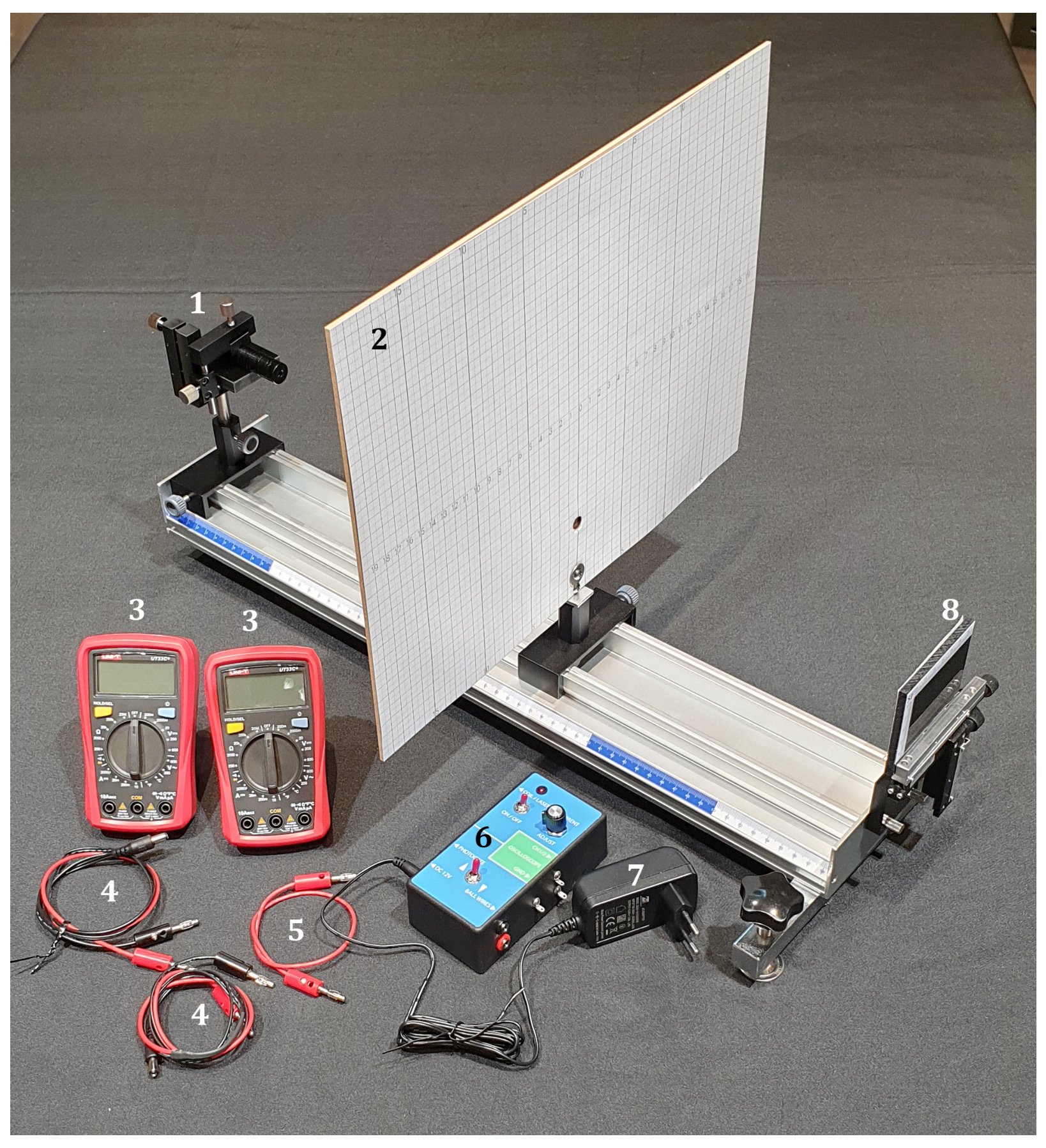 Photo of the test equipment on the bench: 1 laser on a stand, 2 screen with holes, 3 two red multimeters, 4 connecting wires, 5 red wires, 6 blue control box, 7 power supply adaptor, 8 acrylic target with adjustable stand.