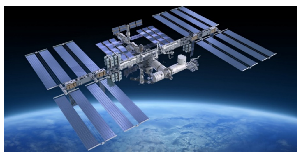 Photograph of the International Space Station with its large solar panels against the dark sky, with the blue curvature of the Earth below.