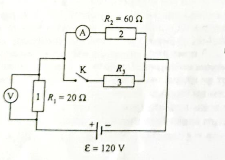 Схема на електрическа верига с източник 120 V, резистор 1 с волтметър, клон с амперметър и резистор 2, и успореден клон с ключ К и резистор 3.