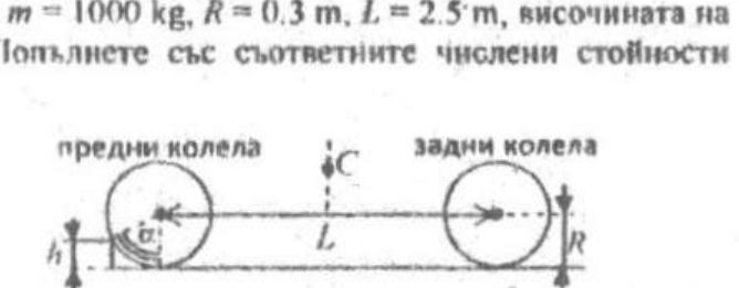 Схематичен страничен изглед на автомобил с две колела, изкачващ бордюр; означени h, L, R, C и ъгъл алфа.