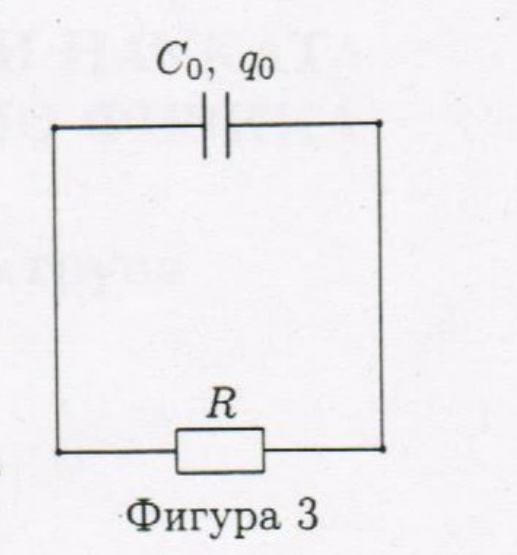 Затворена верига: кондензатор с капацитет $C_0$ и заряд $q_0$ горе, резистор $R$ долу.