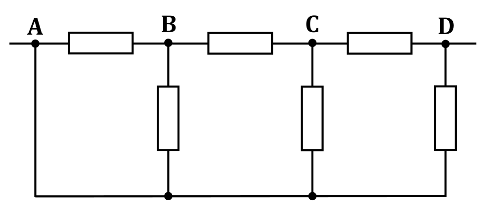 Три резистора в горния хоризонтален ред между точките $\mathbf{A}$–$\mathbf{B}$–$\mathbf{C}$–$\mathbf{D}$ и три вертикални резистора от $\mathbf{B}$, $\mathbf{C}$ и $\mathbf{D}$ към обща долна шина, свързана с $\mathbf{A}$.