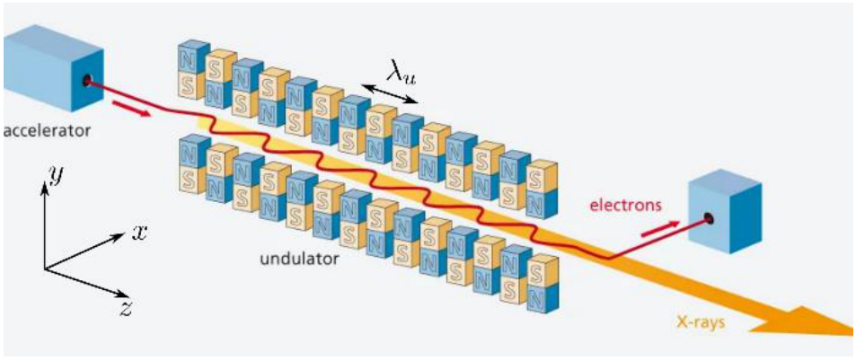 Син блок „accelerator“ вляво, две редици редуващи се N/S магнити („undulator“), червена вълнообразна траектория на електроните и оранжев сноп „X-rays“ вдясно; координатни оси $x, y, z$.