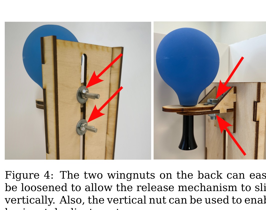 Two photographs of the wooden release mechanism with a blue ball: left — the two wingnuts on the back of the stand are marked with red arrows; right — the vertical nut for horizontal adjustment is marked with red arrows.