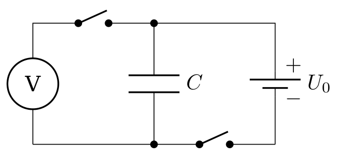 Circuit diagram: a voltmeter V on the left, a capacitor C in the middle, a battery with voltage U_0 on the right, and two switches — one in the top wire and one in the bottom wire.