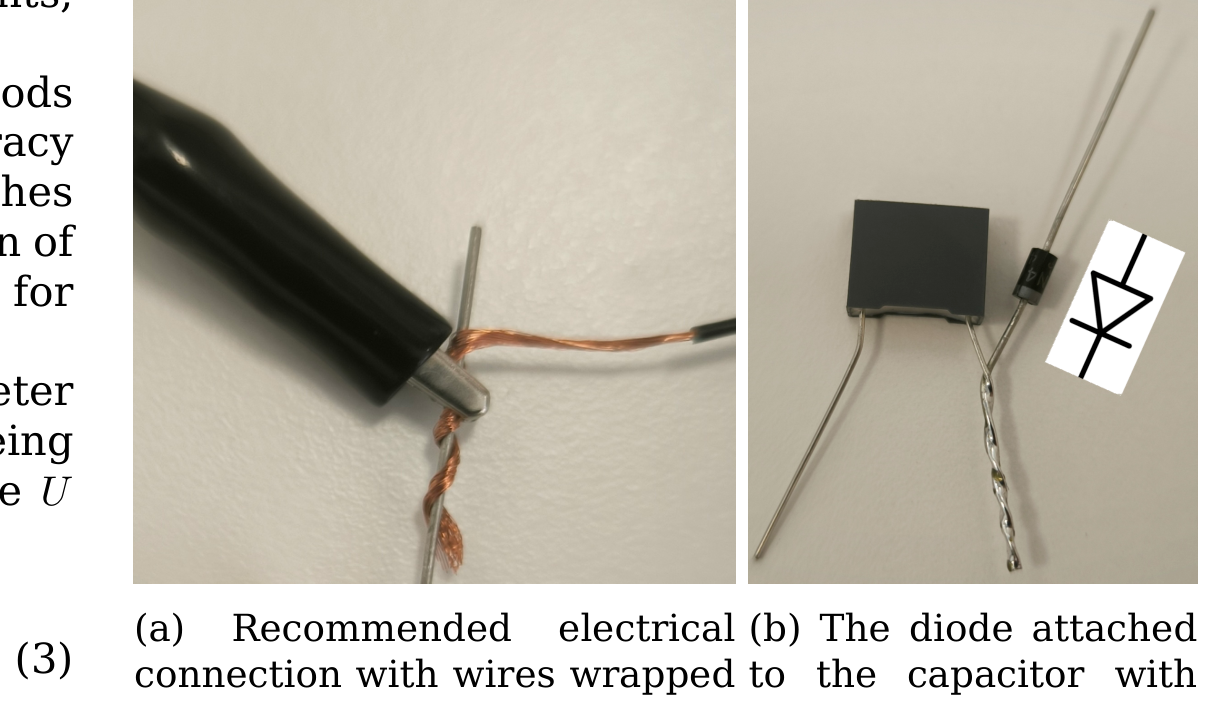 Photograph of two wires wrapped around each other, secured with a crocodile clamp.