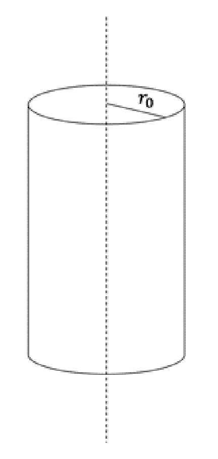 An infinitely long vertical cylinder of radius r0 with a dashed axis line through its centre.