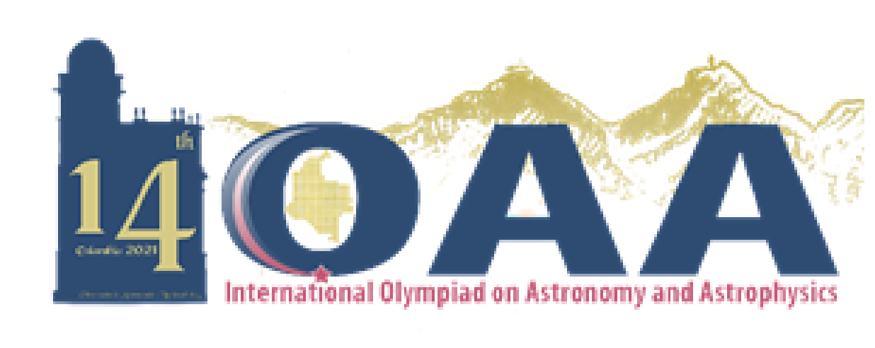 The IOAA2021 logo: silhouette of the OAN building with '14', the acronym IOAA with a crescent forming the O, golden mountain silhouettes of Monserrate and Guadalupe, and the text 'International Olympiad on Astronomy and Astrophysics'.