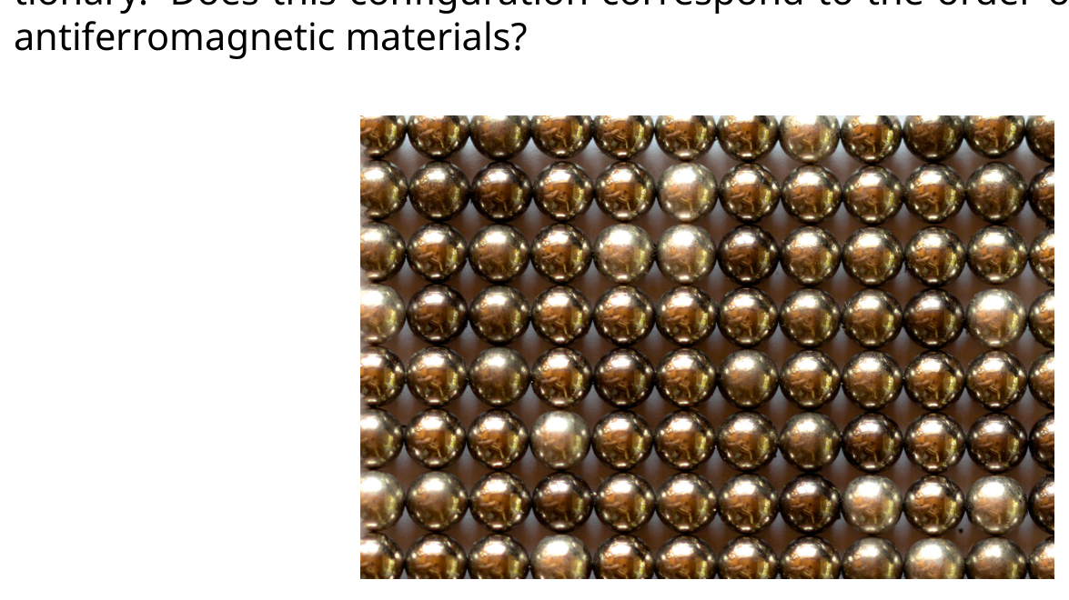 Photograph of a stable equilibrium configuration of spherical magnets in a square lattice (each magnet has four nearest neighbours).