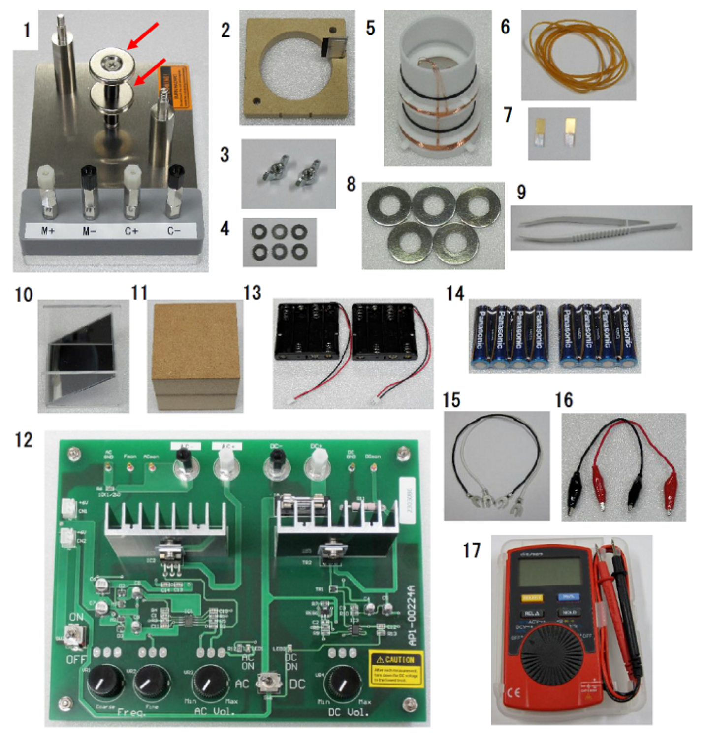 Numbered photo grid of the 17 experimental parts: mounting base with magnet unit and binding posts, oscillator support, thumbscrews, shims, cylindrical oscillator with coils, rubber bands, markers, weights, tweezers, mirror, riser block, battery holders, batteries, crimp terminal wires, alligator clip wires, printed-circuit power supply, and a digital multimeter.