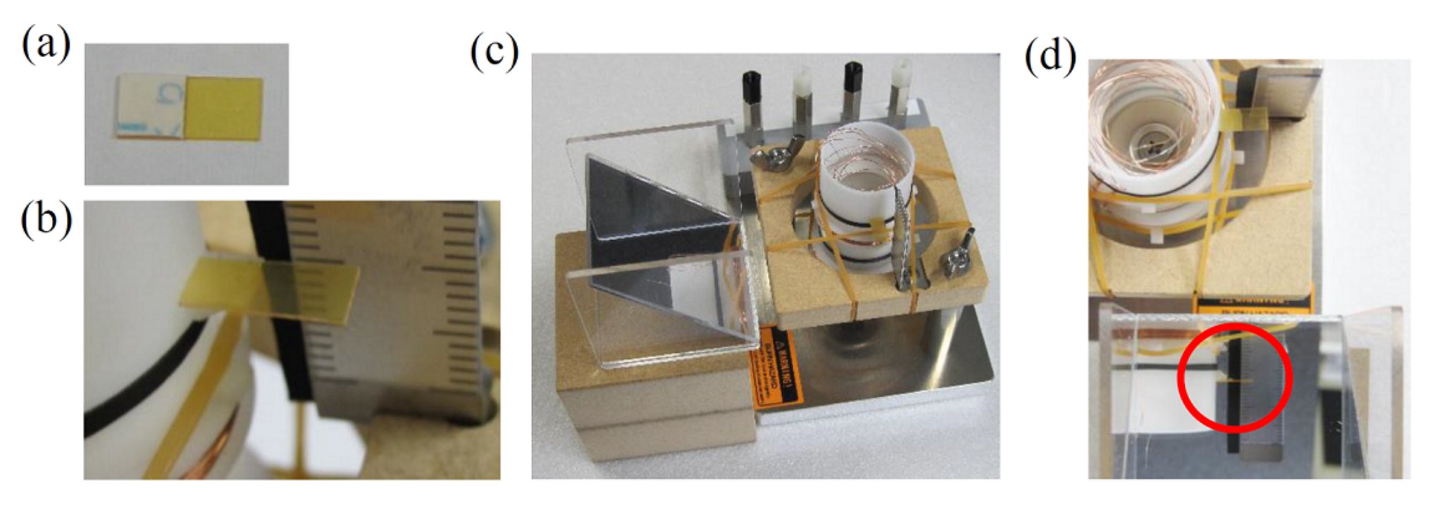 Four photos (a)-(d): marker with double-sided adhesive tape exposed; marker glued to the floating shelf on the oscillator; mirror set on the riser block beside the oscillator; view through the mirror with the marker circled in red.