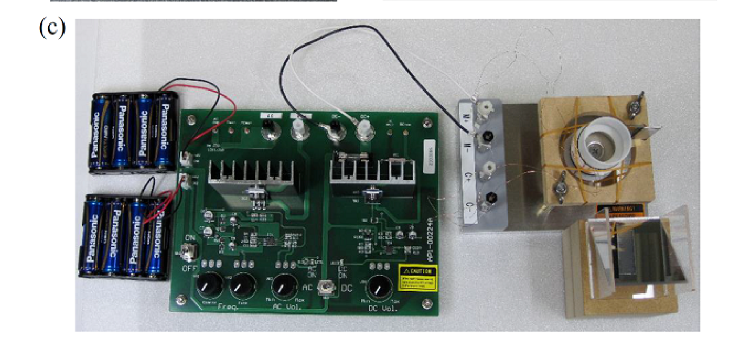 Three photos: (a) oscillator support on the base with binding posts M+, M-, C+, C- wired; (b) close-up of the M+ and M- posts with coil wires in the lower gaps; (c) the complete setup with two battery holders, the printed-circuit power supply, the oscillator and the mirror.