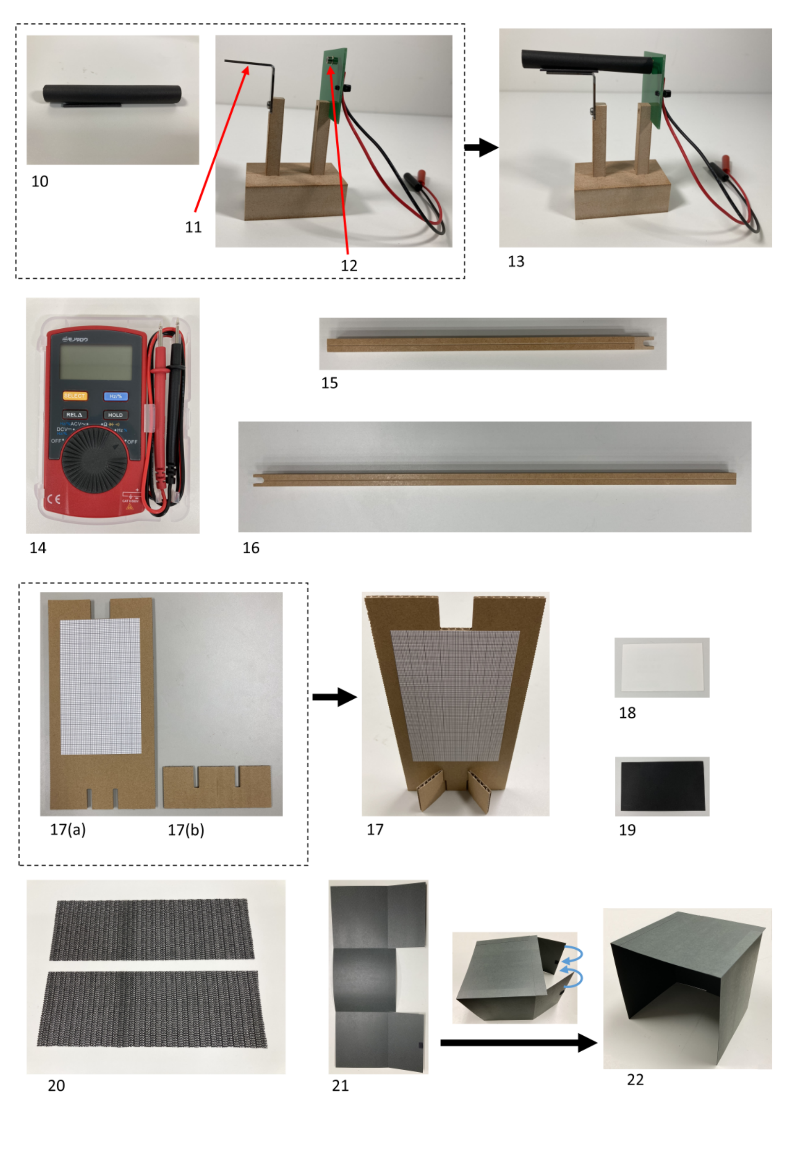 Grid of photographs of components numbered 10 through 22: light-shield cylinder, photodetector, DMM, guide rails, scale assembly, cards, anti-slip sheets, light-shield box.