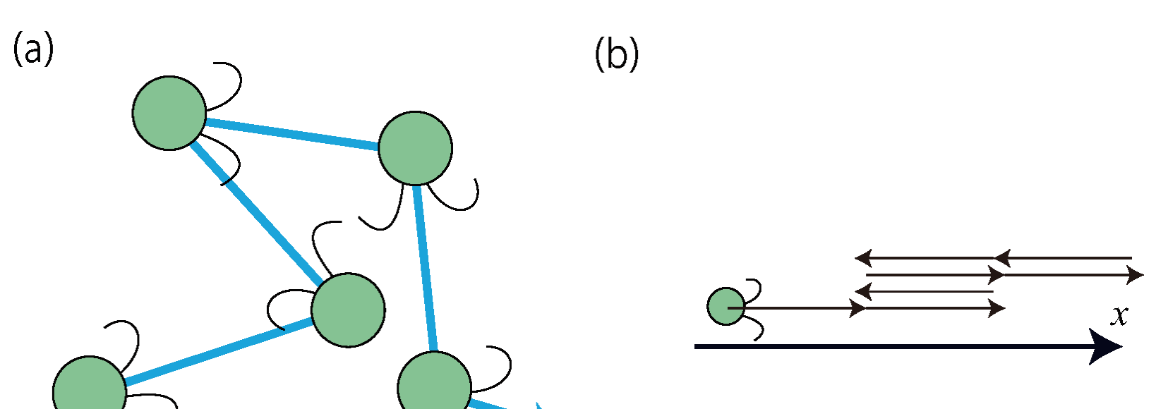 (a) Five green circular microbes with flagella connected by blue line segments showing successive swimming runs in different directions, ending in a blue arrow. (b) A one-dimensional x-axis with a microbe and horizontal double-headed arrows of various lengths representing alternating +u₀ and −u₀ swims.
