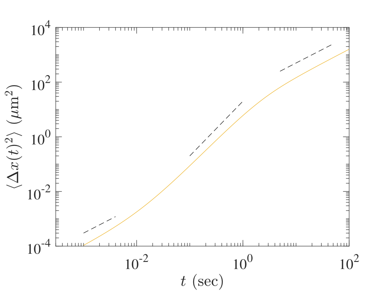 Log-log plot of ⟨Δx(t)²⟩ (μm²) versus t (sec) from 10⁻³ to 10² s. An orange curve rises from about 10⁻⁴ μm² to about 10³ μm², with three dashed guide lines of different slopes: shallow at small t, steep (slope 2) at intermediate t, and intermediate slope at large t.