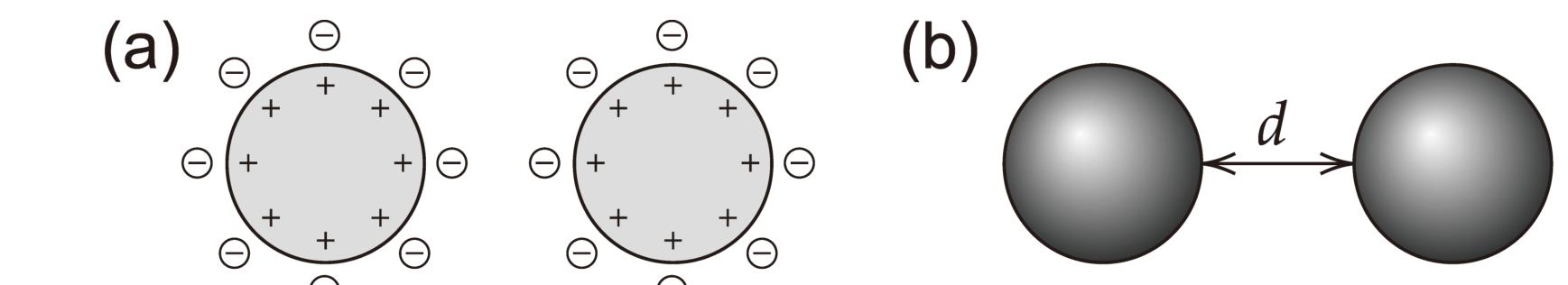 (a) Two grey spheres each carrying plus signs on their surfaces, surrounded by circled minus signs (counter-ions) forming an electric double layer. (b) Two grey spheres separated by a distance d indicated with a double arrow.