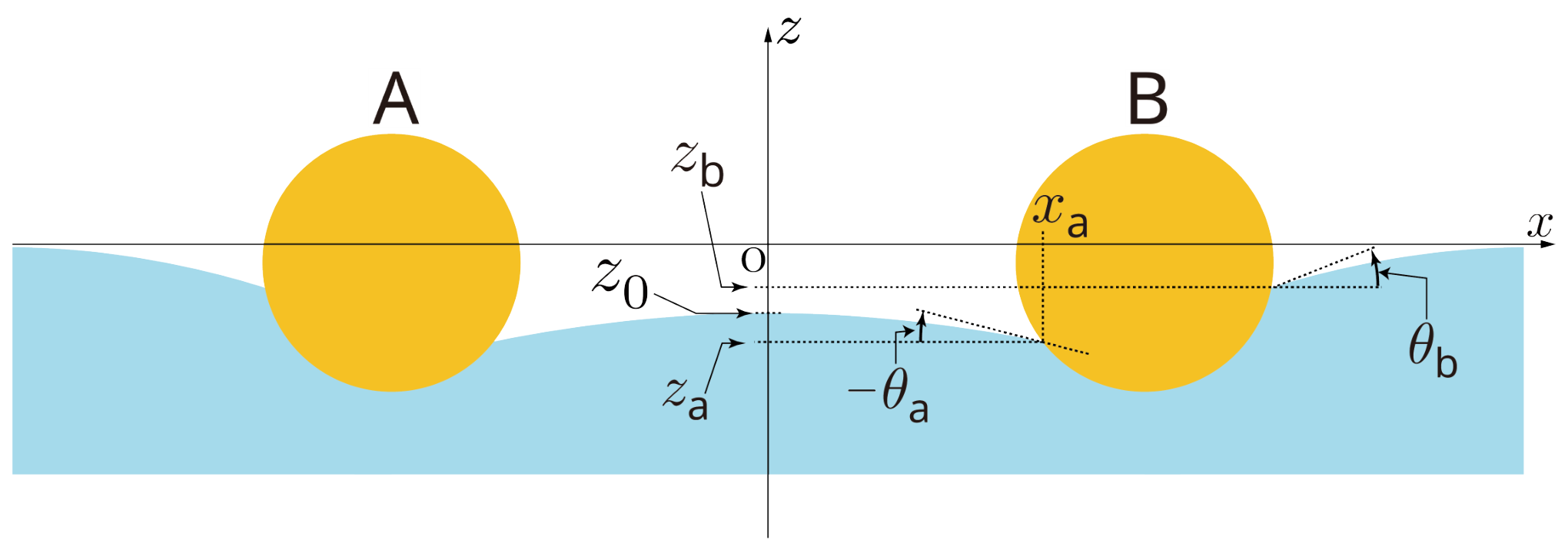 Cross-section in the xz plane: two yellow circular rods A and B depress the water surface between them; contact points are labelled with z_a, z_b, the midpoint level z_0, angles -theta_a at rod A's right contact and theta_b at rod B's left contact, and x_a is the x-coordinate of the contact point on the left side of rod B.