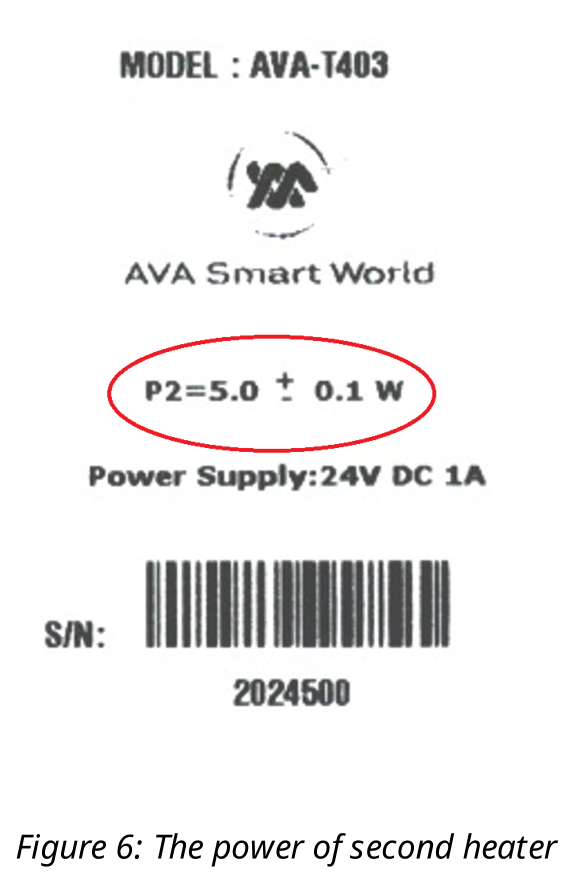 Photo of the device label: MODEL: AVA-T403, AVA Smart World, P2=5.0 ± 0.1 W (circled in red), Power Supply:24V DC 1A, S/N: 2024500.