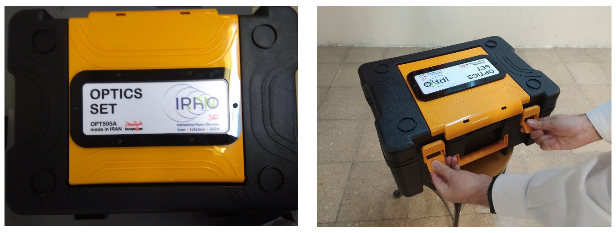 Two photographs: left, the closed yellow-and-black OPTICS SET case (OPT505A, made in IRAN) with IPhO 2024 label; right, hands unlocking the latches of the case.