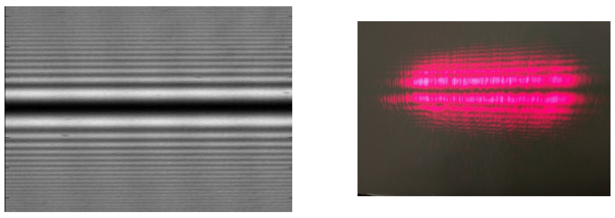 Left: grayscale computed fringe pattern with a wide central dark band flanked by fine fringes; right: photograph of a red laser diffraction pattern of two bright bands with fine fringes.