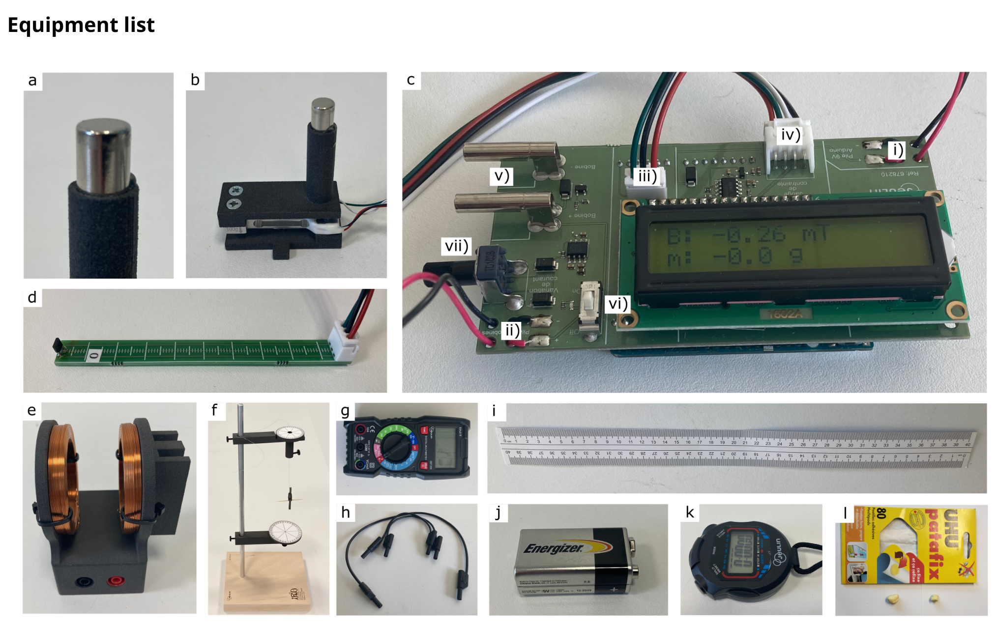 Photographs of all equipment: (a) magnet, (b) force sensor, (c) Arduino with LCD display, (d) magnetic field sensor with green ruler, (e) anti-Helmholtz coils, (f) metallic stand with suspended pod and angle markers, (g) multimeter, (h) electric wires, (i) 40 cm ruler, (j) 9 V battery, (k) chronometer, (l) adhesive paste; the Arduino display shows B: -0.26 mT and M: -0.0 g with labelled slots i) to vii).