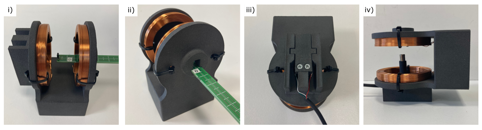 Four photographs i) to iv): magnetic field sensor with green ruler sliding inside the anti-Helmholtz coils, the z = 0 position of the sensor, the force sensor inserted into the coils seen from the back, and the coil turned so that the force sensor transducer is vertical.