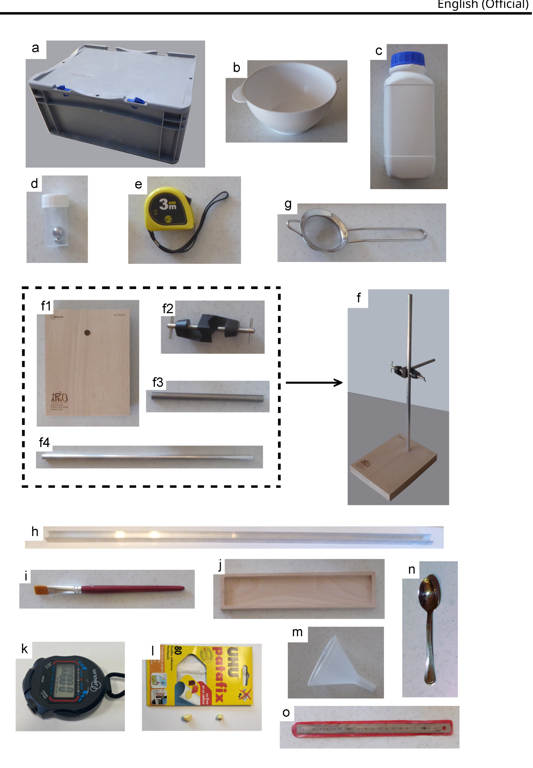 Photographs of the equipment items labelled a to o: plastic box, bowl, bottle of sand, steel balls container, tape measure, sieve, holding device parts (f1–f4) and assembled stand, aluminium rail, brush, wooden track, chronometer, adhesive putty, funnel, spoon, ruler.