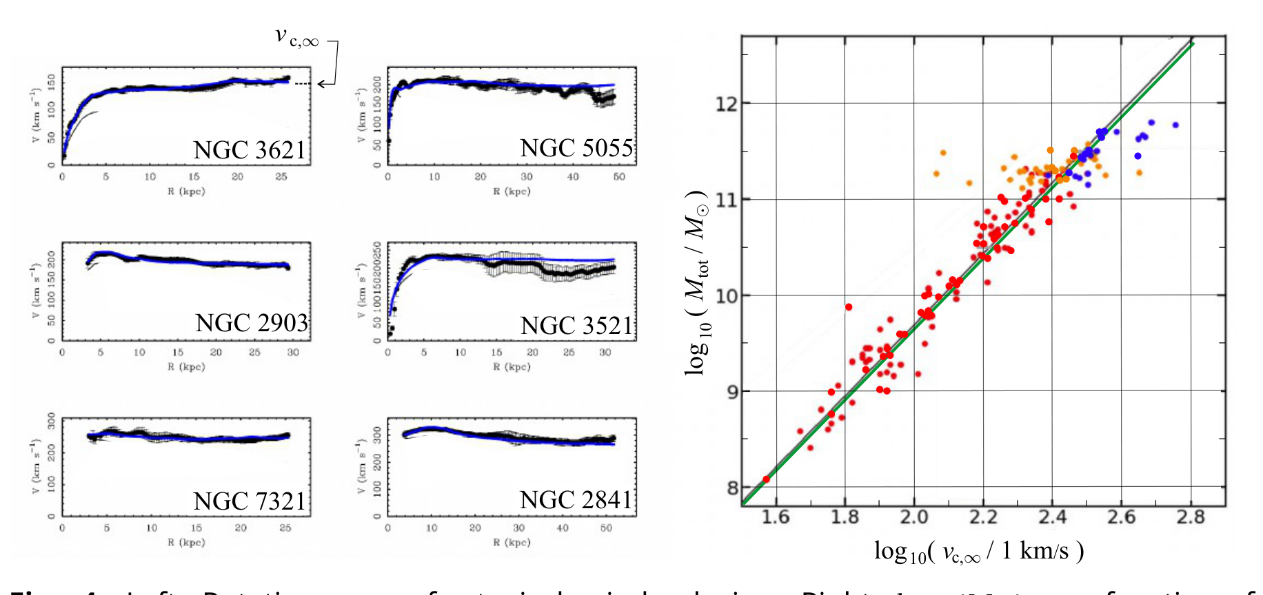 Left: six small rotation-curve plots labelled NGC 3621, NGC 5055, NGC 2903, NGC 3521, NGC 7321, NGC 2841, each with $v_{c,\infty}$ indicated. Right: scatter plot of $\log_{10}(M_{\mathrm{tot}}/M_{\odot})$ (8 to 12) versus $\log_{10}(v_{c,\infty}/1\ \mathrm{km/s})$ (1.6 to 2.8) with red, orange and blue points and a green Tully-Fischer fit line.