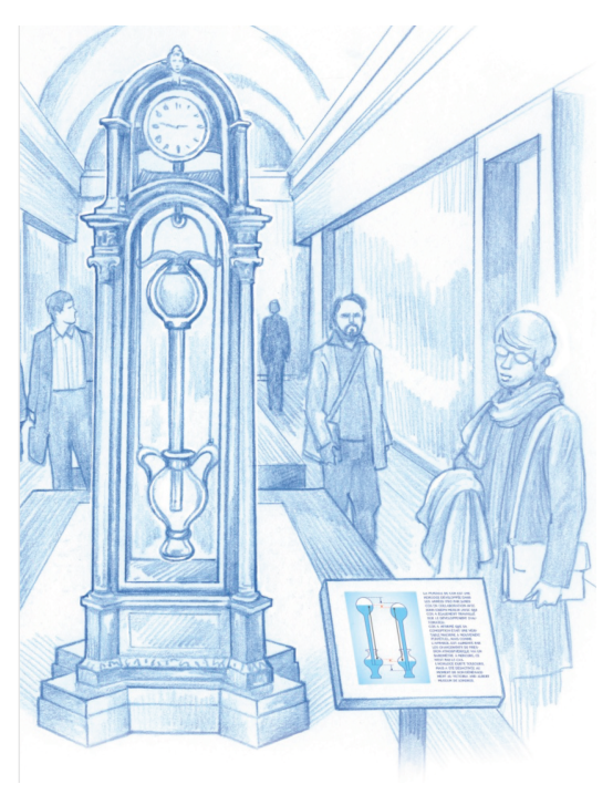 Artistic blue-toned drawing of Cox's clock: a tall barometric clock with a bulb on a column, in a hall with visitors.