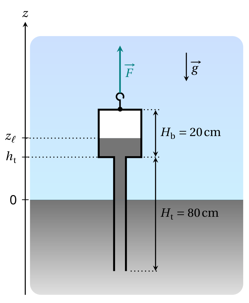 Two-part tube dipped in a mercury bath: narrow tube (area S_t, height H_t = 80 cm) below a wide bulb (height H_b = 20 cm); labels z_ℓ (mercury level in bulb), h_t (junction altitude), 0 (bath level), force F upward and g downward.