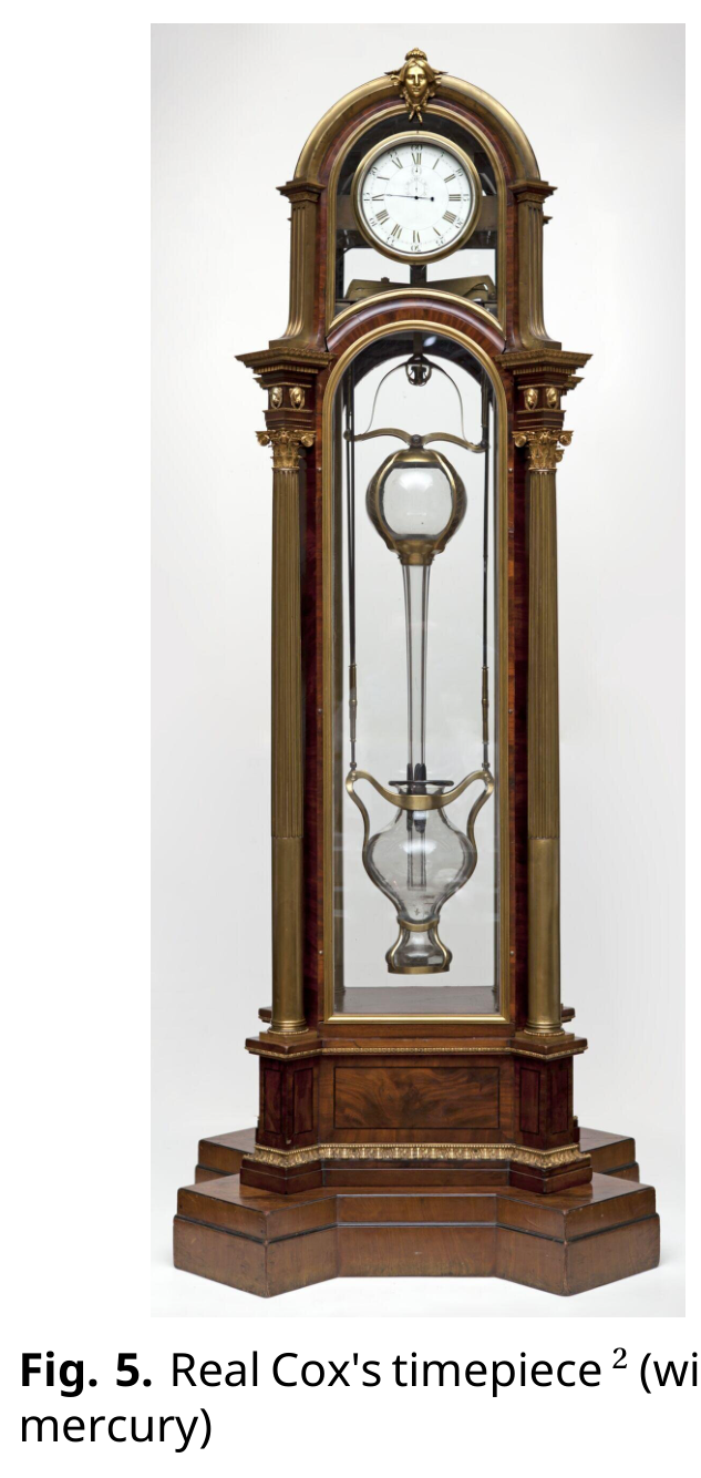 Photograph of the real Cox's timepiece: a tall gilded wooden case with a clock dial on top and a glass tube with a bulb inside.