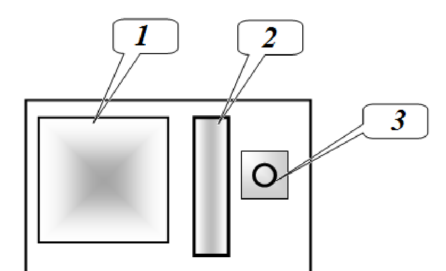Diagram of the plate with three optical elements: a large square element labeled 1 (Fresnel mirror), a vertical glossy stripe labeled 2, and a small square with a hole labeled 3.