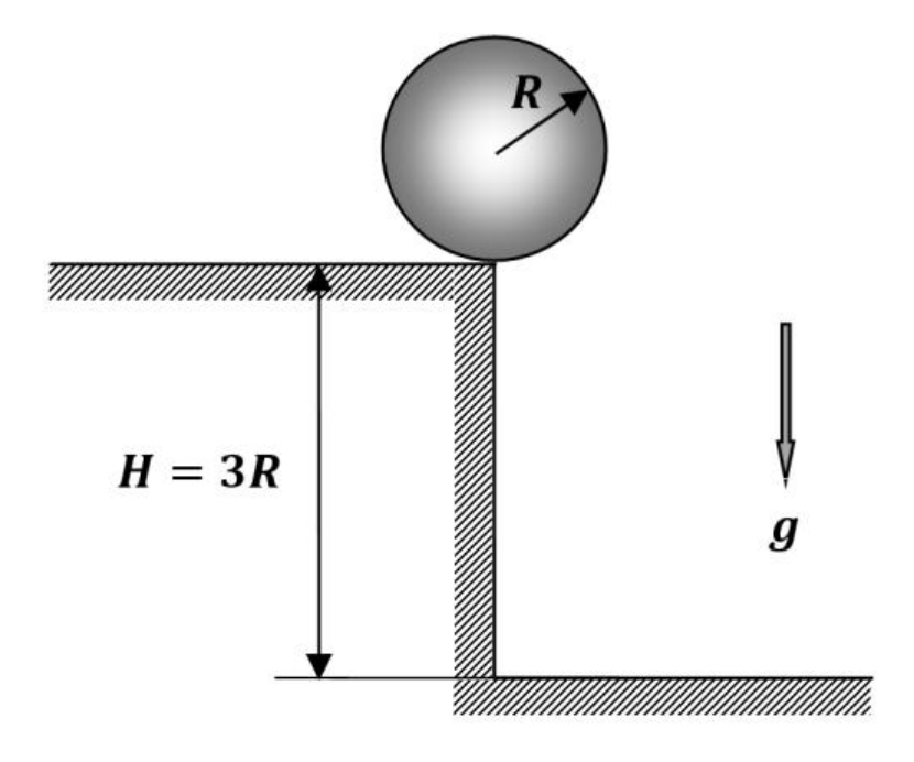 A shaded ball of radius R rests on the edge of a hatched horizontal table; a vertical arrow labeled H = 3R indicates the table height, and an arrow labeled g points downward.