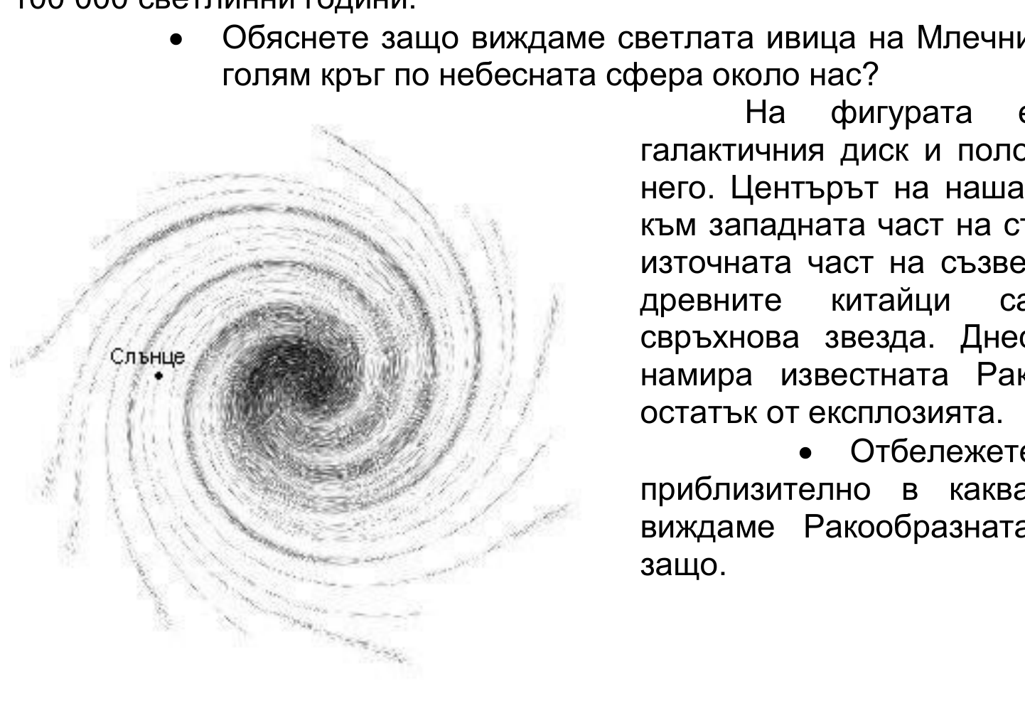 Схема на спирален галактичен диск, гледан отгоре, с отбелязано положение на Слънцето извън центъра.