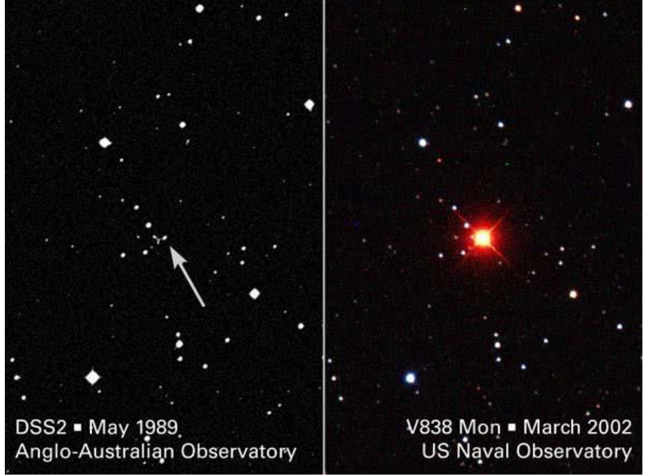 Областта около V838 Mon преди и след избухването: вляво – DSS2, май 1989 г., Anglo-Australian Observatory (стрелката сочи звездата); вдясно – V838 Mon, март 2002 г., US Naval Observatory.