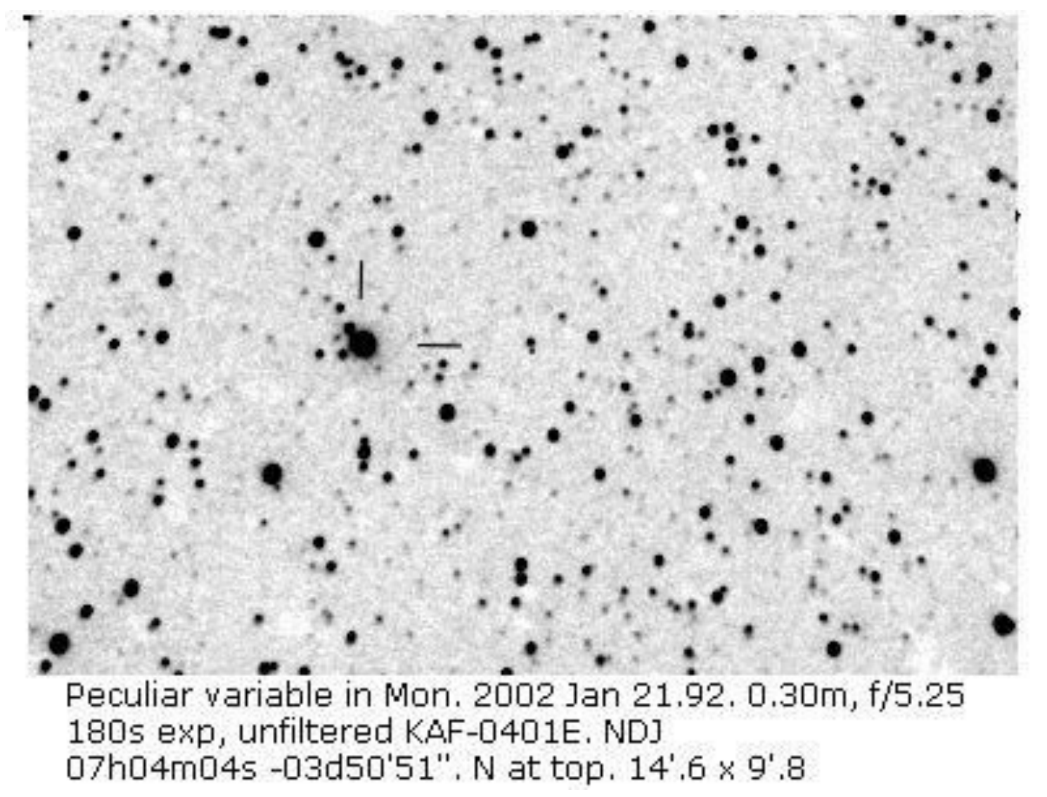 Негативна снимка на областта около V838 с размери 14.6′×9.8′ (Peculiar variable in Mon. 2002 Jan 21.92, 0.30 m, f/5.25, 180 s exp, unfiltered KAF-0401E, NDJ; 07h04m04s −03d50′51″, N at top).