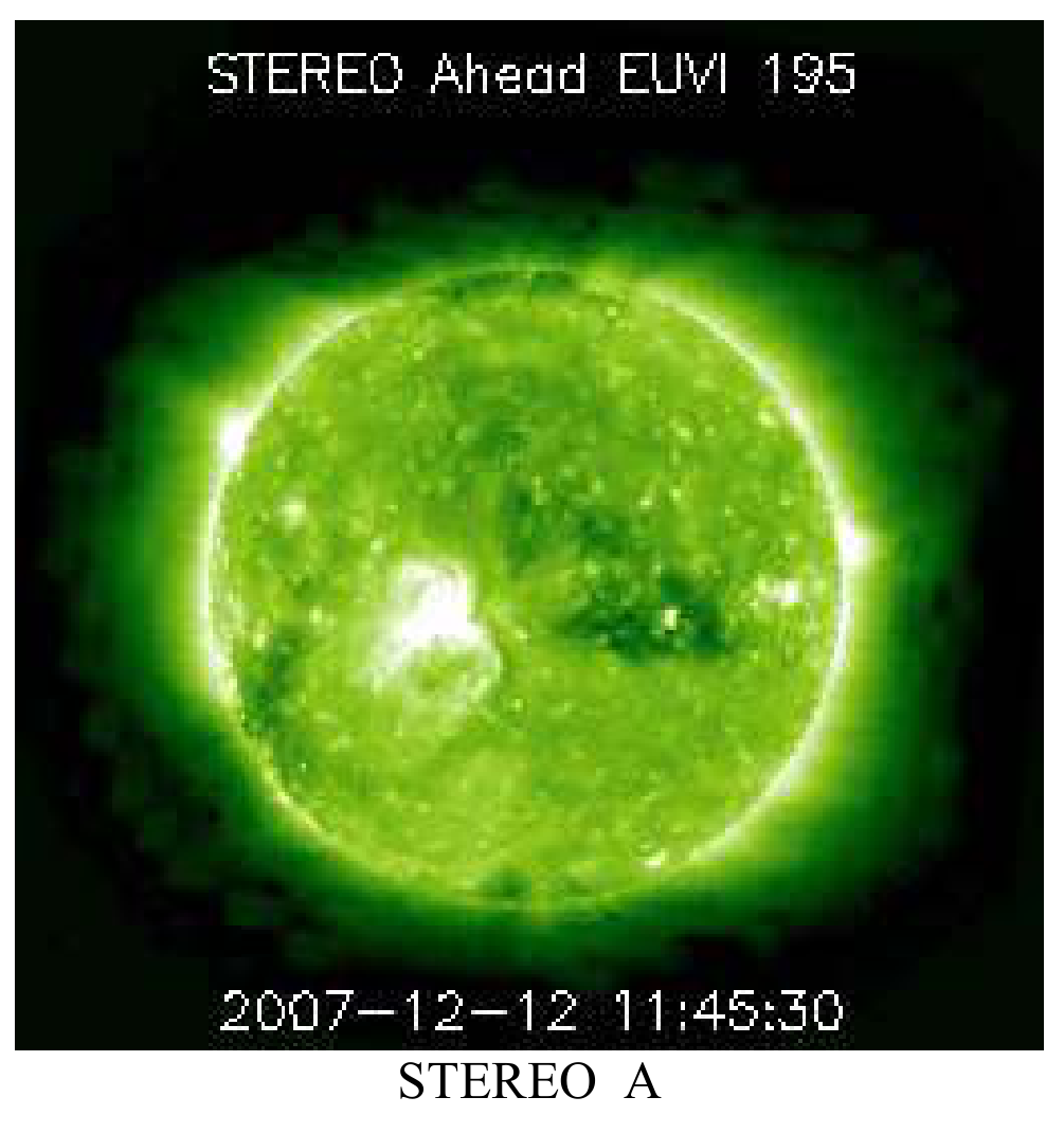 Слънчево изображение от STEREO A, EUVI 195, зелено, с активно образувание; текст „STEREO Ahead EUVI 195“ и „2007-12-12 11:45:30“.