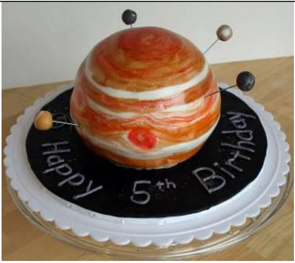 Торта № 5 — торта с надпис „Happy 5th Birthday“, върху която е поставена ивичеста оранжево-бяла сфера, обградена от четири малки топчета на клечки.