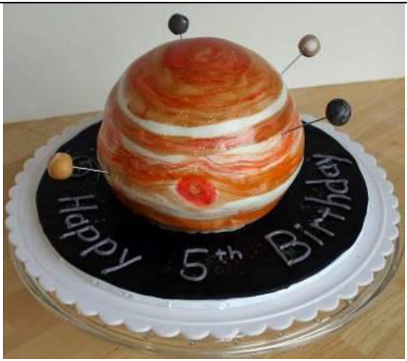 Торта № 5 — торта с надпис „Happy 5th Birthday“, върху която е поставена ивичеста оранжево-бяла сфера, обградена от четири малки топчета на клечки.
