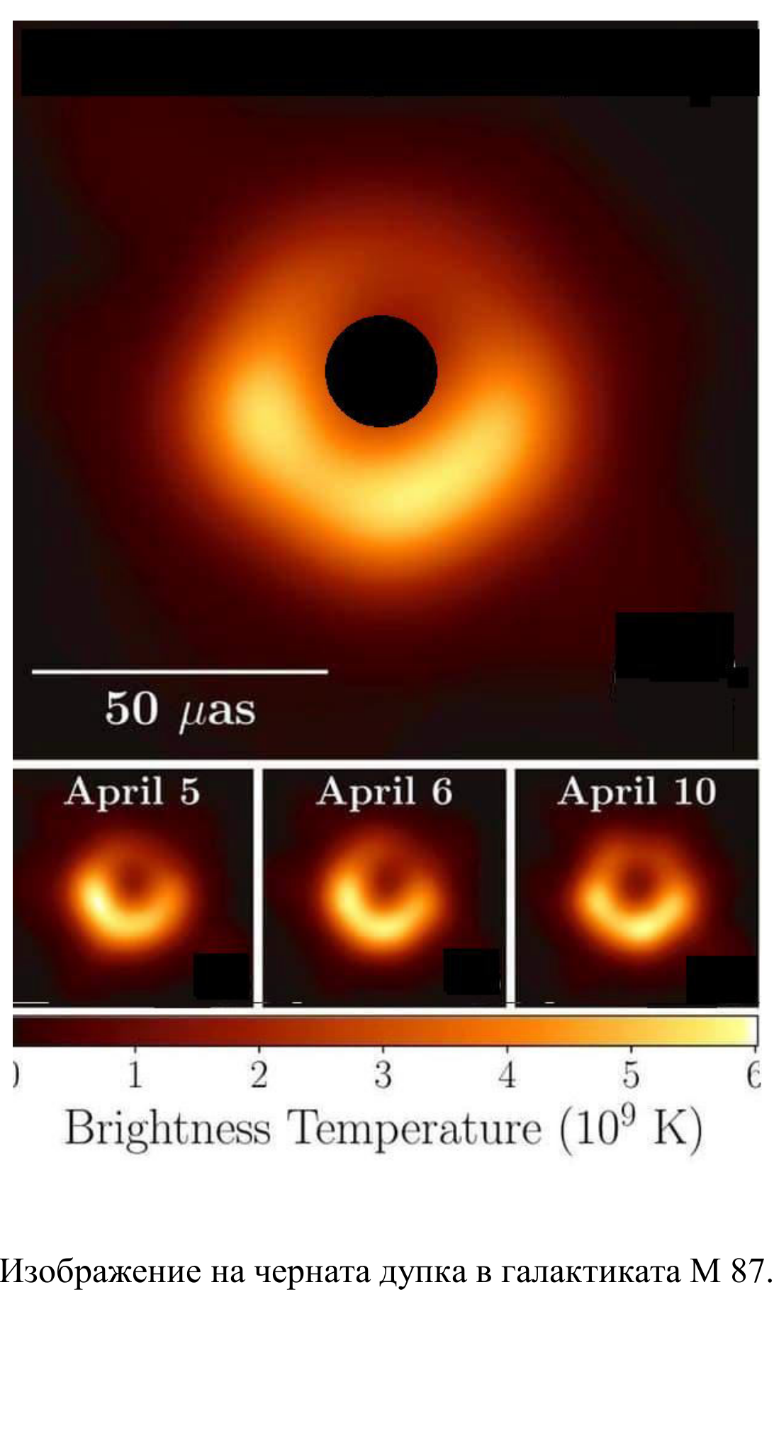 Реконструираното от Event Horizon Telescope изображение на черната дупка в M87: горе – комбинираният кадър с мащабна отсечка 50 μas, долу – три отделни кадъра от 5, 6 и 10 април и цветова скала за яркостната температура в единици 10^9 K.