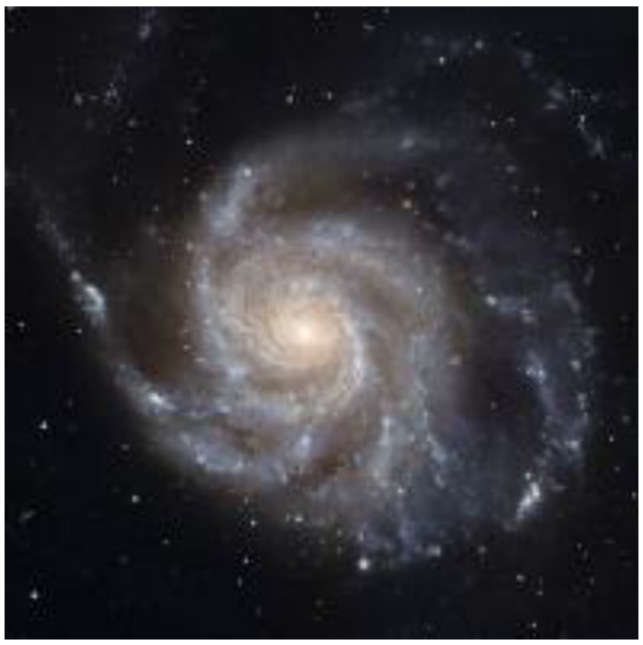 Снимка на спиралната галактика M101, разположена в план, с много спирални ръкави около ярко ядро.