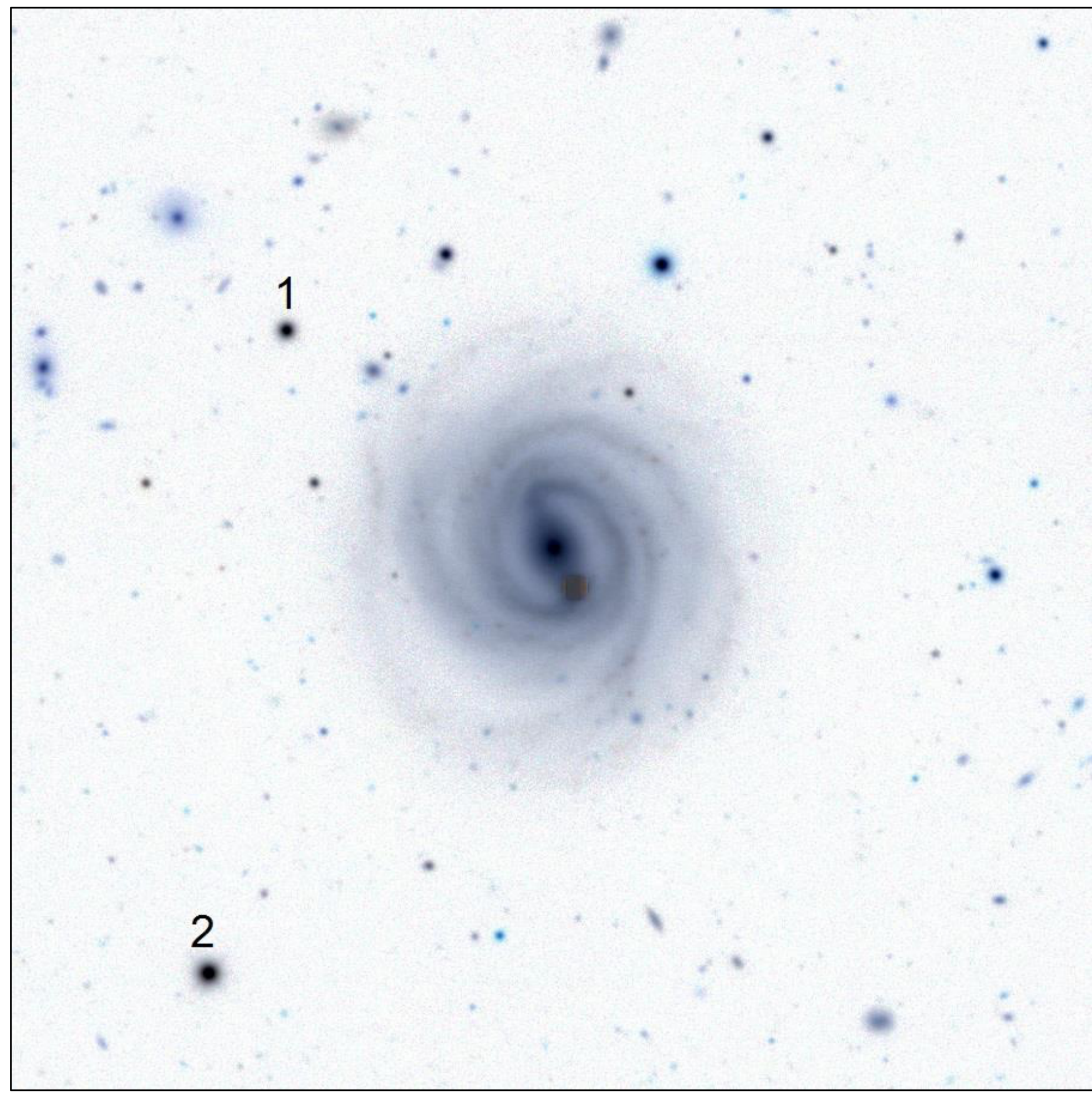 Негативно изображение на галактиката NGC 824 – тъмна спирала с бар в центъра върху светъл фон; две звезди са означени с 1 (горе вляво от галактиката) и 2 (долу вляво).