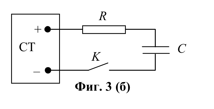 Схема: правоъгълник СТ с изводи + и –; от + резистор R към кондензатор C; от – ключ K, затварящ веригата към долната плоча на кондензатора.