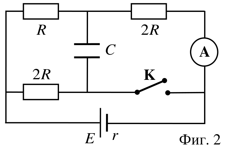 Електрична схема с батария E, r, резистори R и два резистора 2R, кондензатор C, амперметър A и ключ K. В изображението е отпечатано „Фиг. 2“.