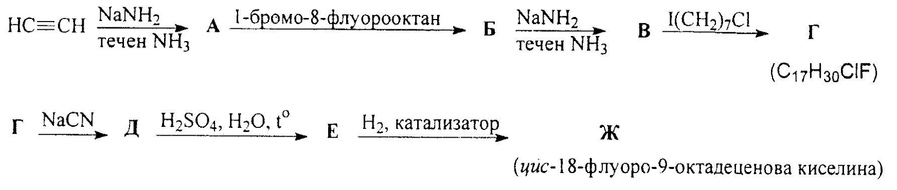 Двуредова реакционна схема от етин HC≡CH през А, Б, В, Г, Д и Е до Ж. Първият ред съдържа NaNH₂, течен NH₃, 1-бромо-8-флуорооктан и I(CH₂)₇Cl, с (C₁₇H₃₀ClF) под Г. Вторият ред съдържа NaCN, H₂SO₄, H₂O, t° и H₂, катализатор. Под Ж е изписано „(цис-18-флуоро-9-октадеценова киселина)“.