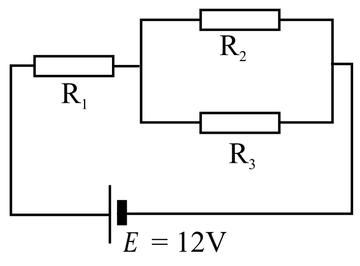 Резистор R₁ последователно на успоредните R₂ и R₃ и батерия E = 12 V.