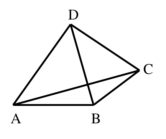 Схема на тетраедър с върхове A, B, C, D; всеки от шестте ръба е проводник със съпротивление R.
