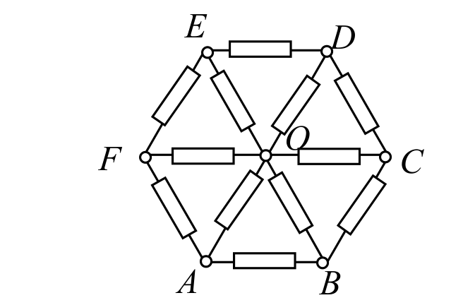 Шестоъгълна верига с върхове A, B, C, D, E, F; всяка страна е резистор и от всеки връх тръгва резистор към общата централна точка O.