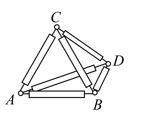 Тетраедър с върхове A, B, C, D, всяко от шестте ребра е резистор.