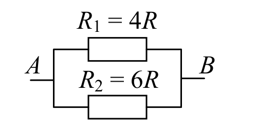 Схема на два успоредно свързани резистора R1 = 4R и R2 = 6R между точките A и B.
